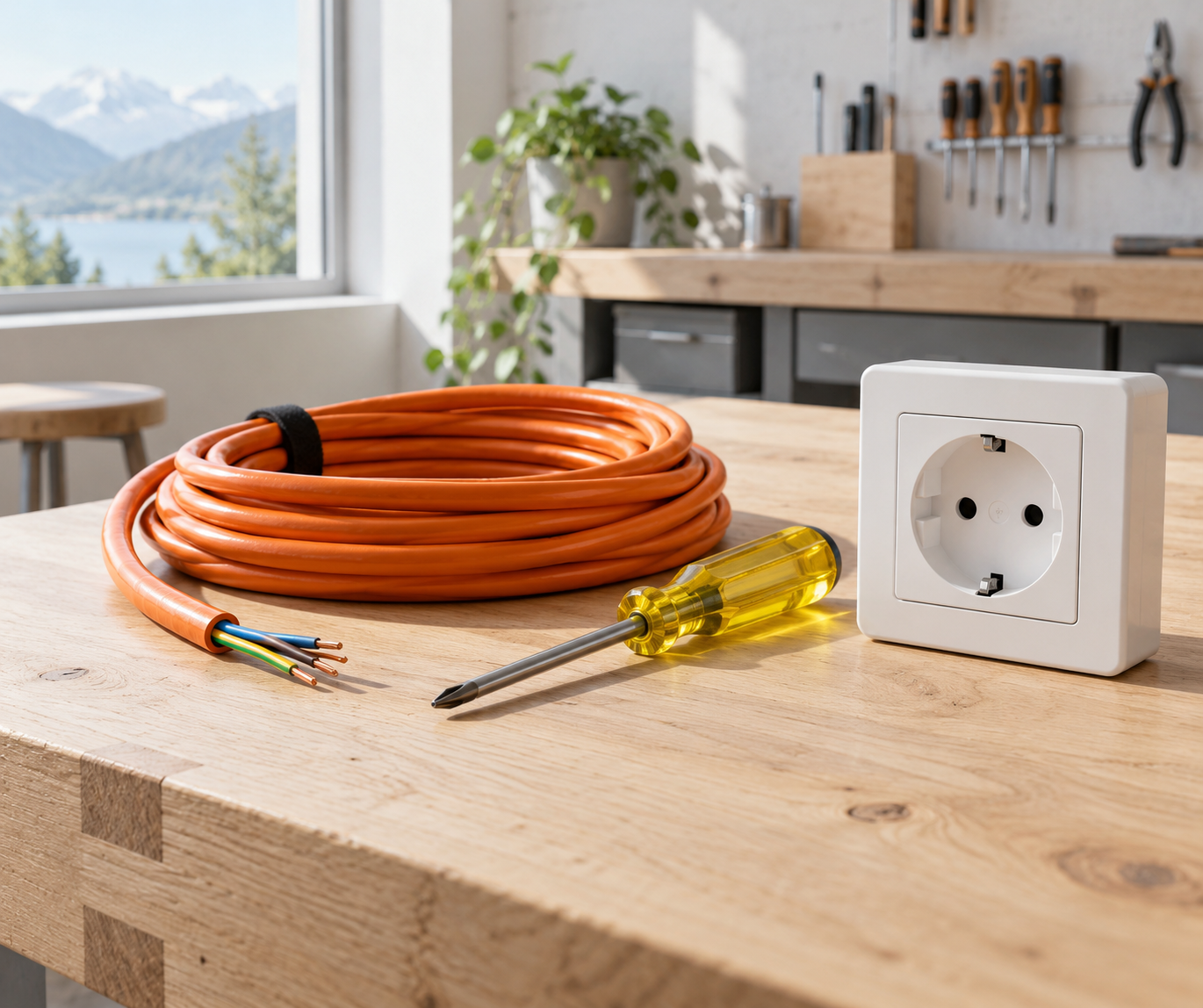 Aufgerollte blaue und gelbe Elektrokabel