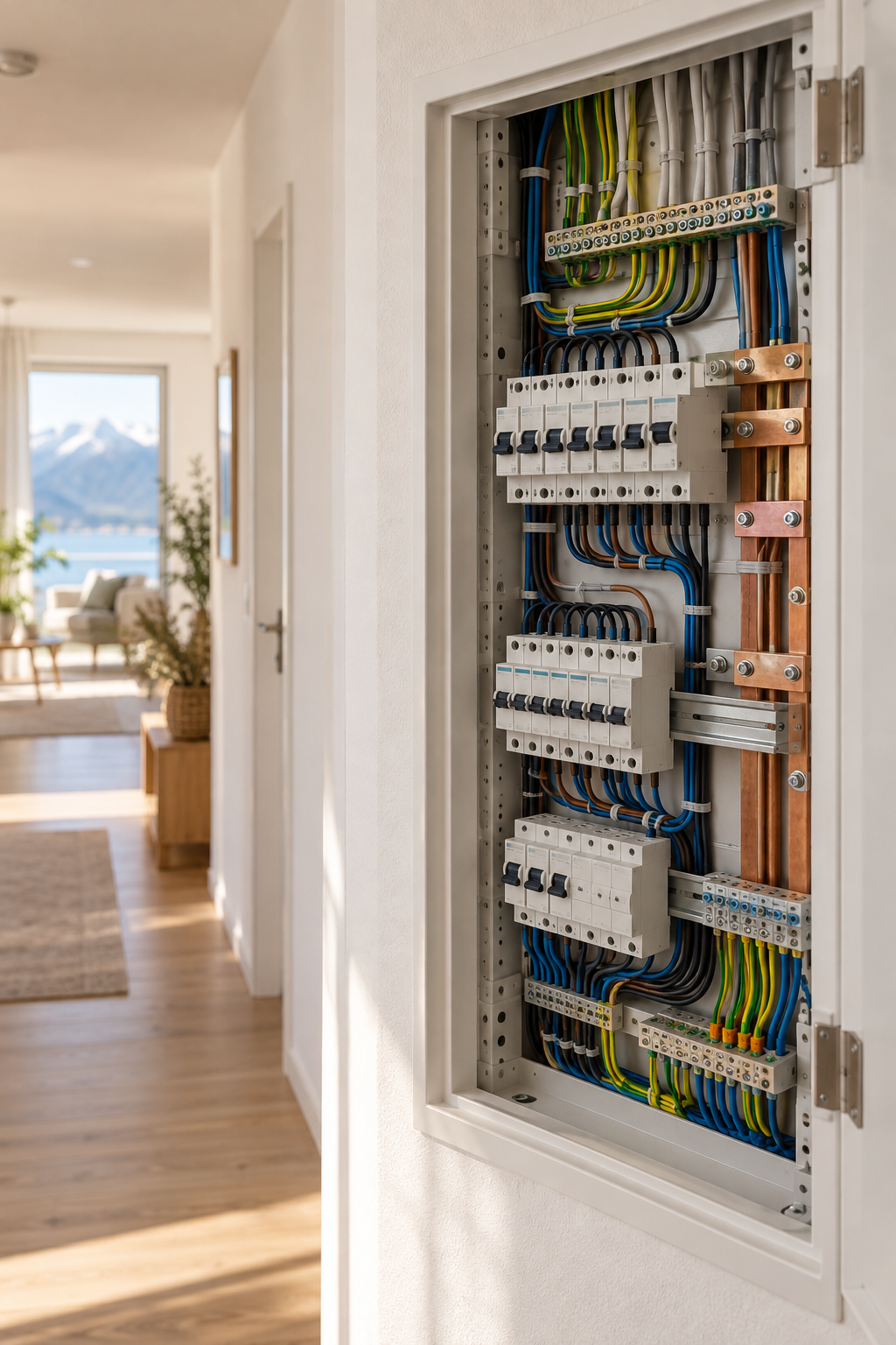 Offener Elektroverteiler in einem hellen Wohnraum mit Seeblick