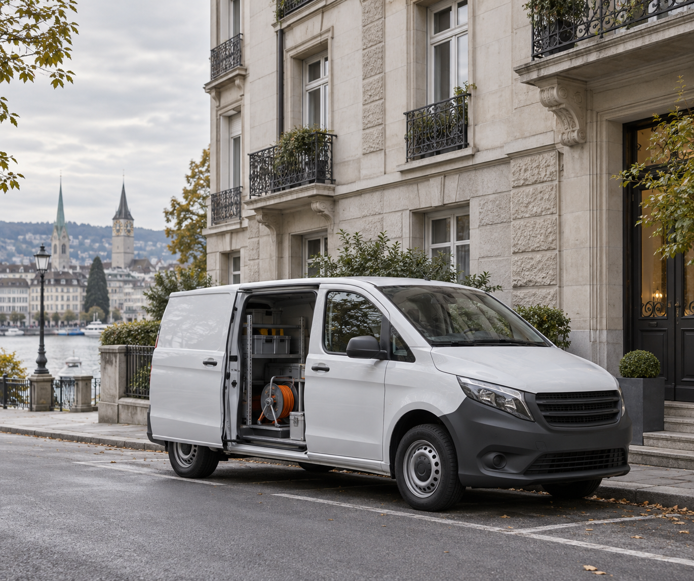 Weisser Servicewagen vor einem modernen Haus